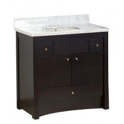American Imaginations AI-19199 36-in. W Floor Mount Distressed Antique Walnut Vanity Set For 3H4-in. Drilling Bianca Carara Top Biscuit UM Sink