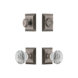 Grandeur Fifth Avenue Square Rosette Entry Set w/ Brilliant Crystal Knob, Keyed Alike