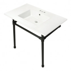 Kingston Brass KVPB37227W4 Ceramic Console Sink with Stainless Steel Legs, White, 37"