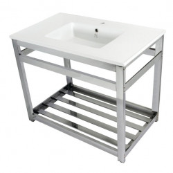 Kingston Brass VWP3722A1 Ceramic Console Sink with Steel Base and Shelf (1 Hole), White, 37"