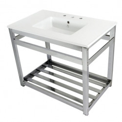 Kingston Brass VWP3722W8A Ceramic Console Sink with Steel Base and Shelf (8 in, 3 Hole), White, 37"