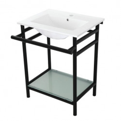 Kingston Brass VPB24187W1 Ceramic Console Sink with Stainless Steel Legs and Glass Shelf (1 Hole), White, 24"